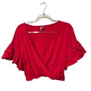 ASOS Womens Red Tiered Ruffle Flutter Sleeve Wrap Crop Top V-Neck Size 6
